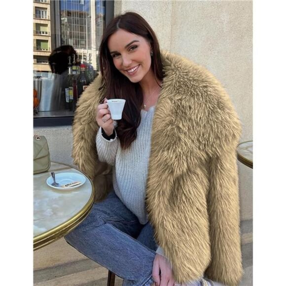 Womens Faux Fur Coat Lapel Open Front Fluffy Shaggy Jacket Khaki - Picture 5 of 6